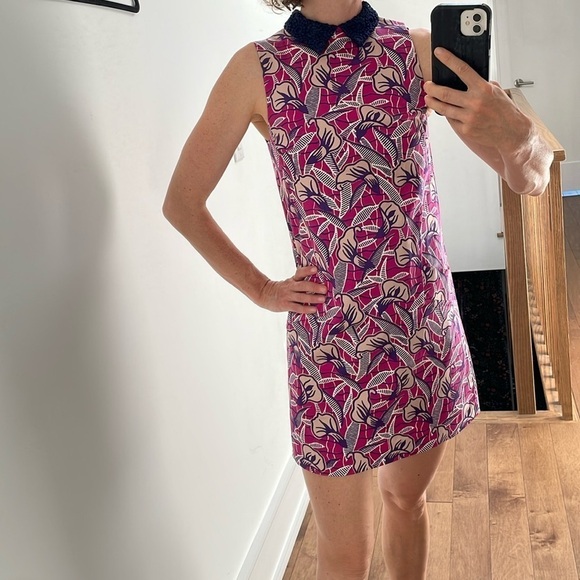 Club Monaco Floral Mini Dress Sleeveless Knit Crochet Collar Silk Pink 00 - Picture 6 of 13